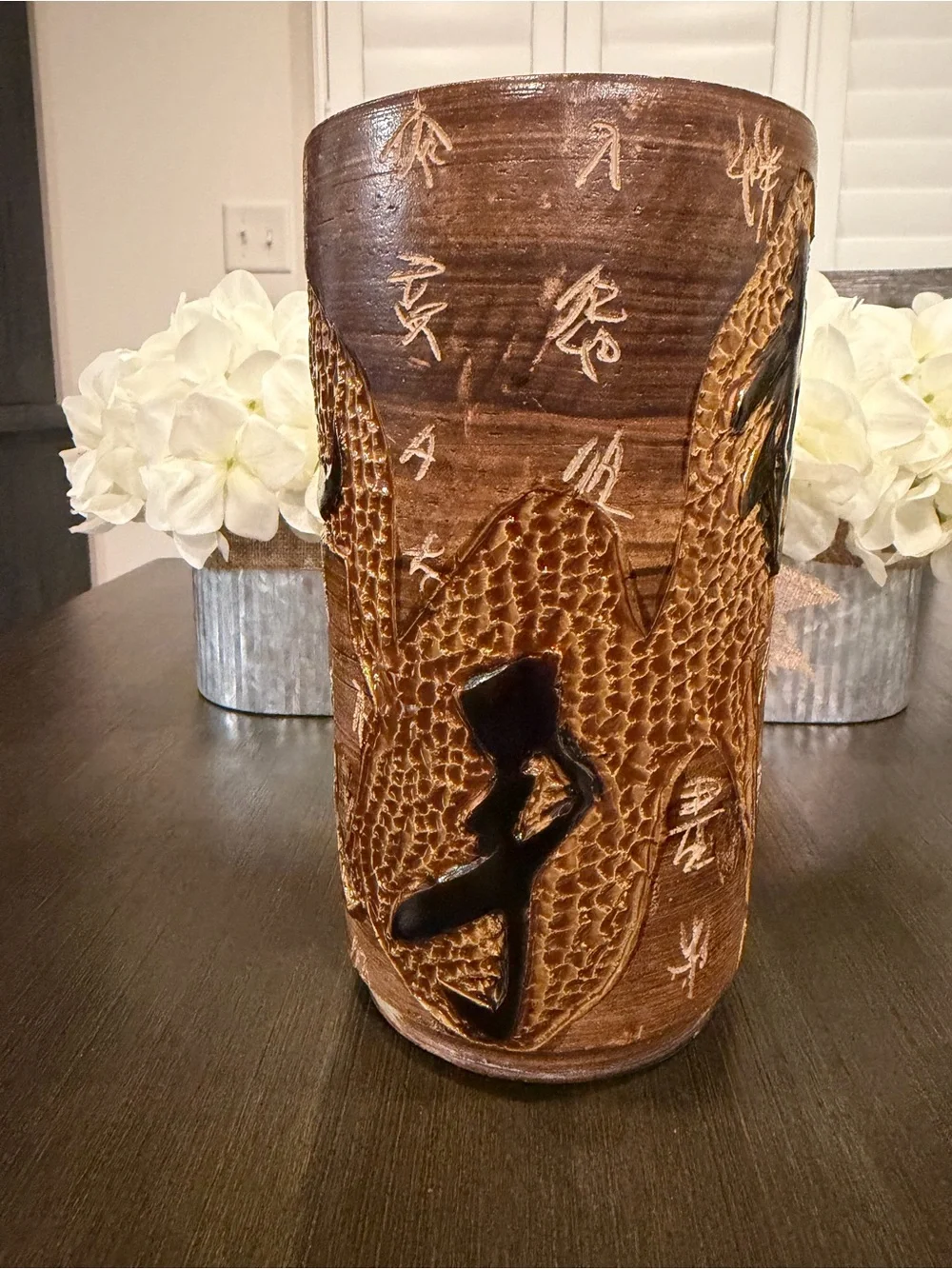 Vintage Hand Carved Chinese Clay Dragon Vase Tang Dynasty Poem Relief Potter